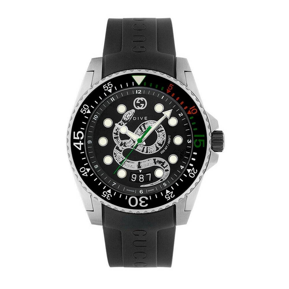 Gucci Dive Quartz Kingsnake Black Dial Black Rubber Strap Watch For Men - YA136217 Buy Now By Gucci