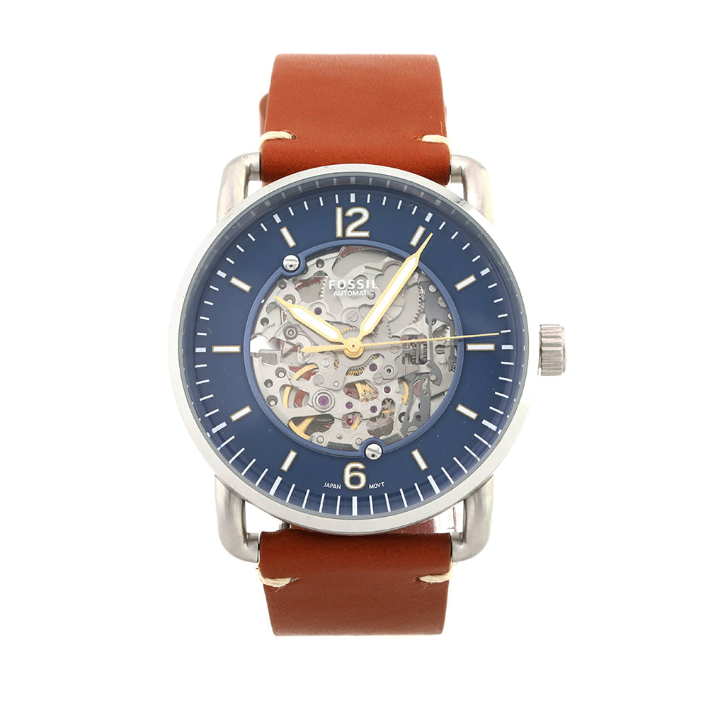 Fossil Commuter Automatic Skeleton Blue Dial Brown Leather Strap Watch for Men - ME3159 Buy Now By Fossil