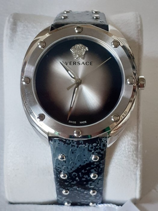 Versace Shadov Quartz Silver Dial Black Snake Leather Strap Watch for Women - VEBM00118 Buy Now By Versace