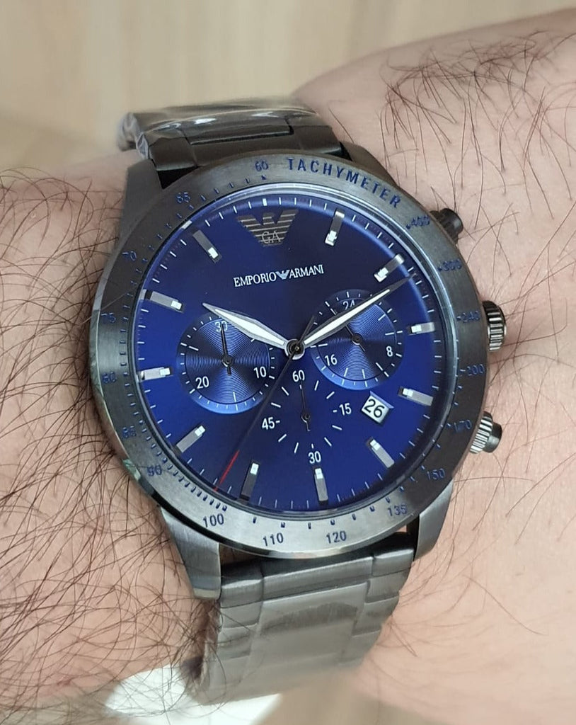 Emporio Armani Mario Chronograph Blue Dial Grey Steel Strap Watch For Men - AR80045 Buy Now By Emporio Armani