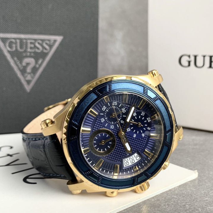 Guess Pinnacle Chronograph Quartz Blue Dial Blue Leather Strap Watch For Men - W0673G2 Buy Now By Guess