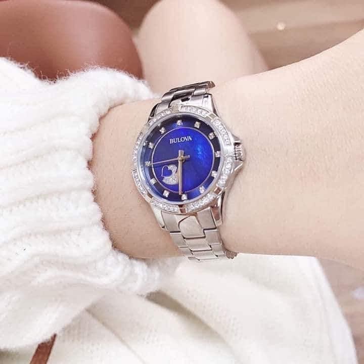 Bulova Crystal Collection Blue Mother of Pearl Dial Silver Steel Strap Watch for Women - 96L238 Buy Now By Bulova