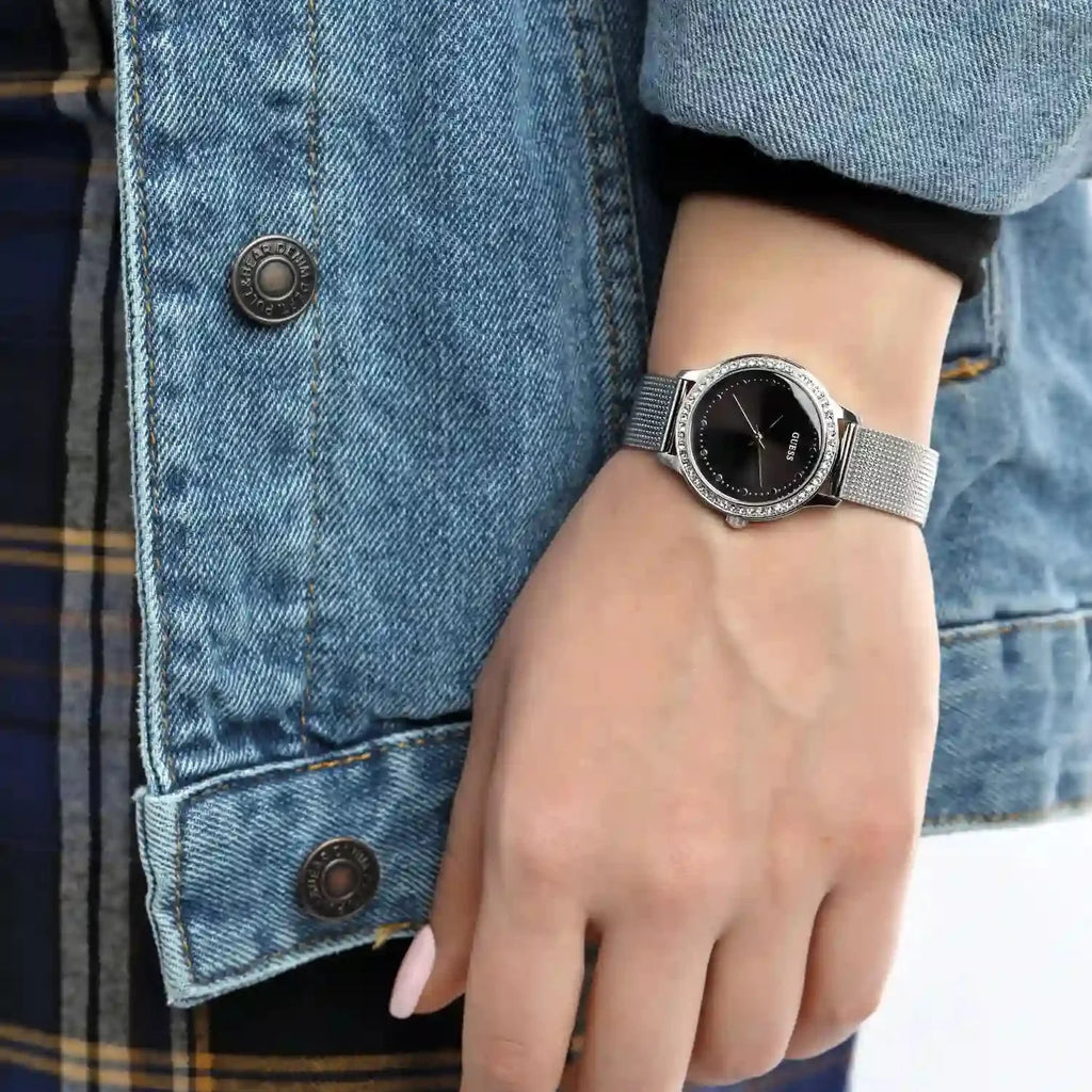 Guess Chelsea Crystals Black Dial Silver Mesh Bracelet Watch For Women - W0647L5 Buy Now By Guess