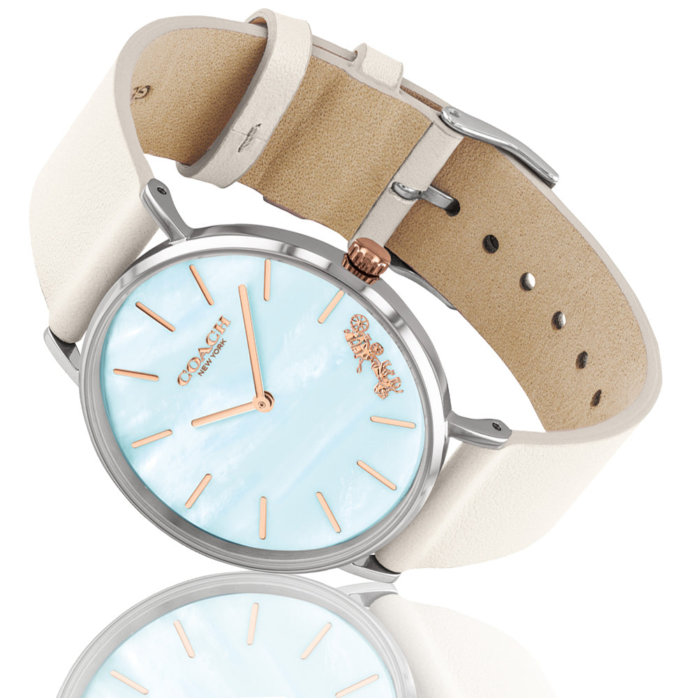 Coach Perry Blue Mother of Pearl Dial White Leather Strap Watch for Women - 14503270 Buy Now By Coach