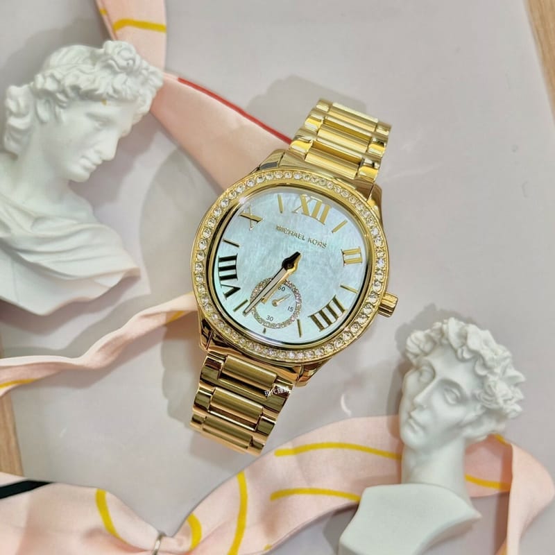 Michael Kors Sage Three-Hand Mother of Pearl White Dial Gold Steel Strap Watch for Women - MK4805 Buy Now By Michael Kors