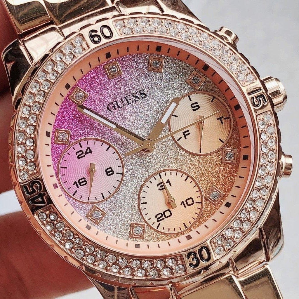 Guess Confetti Pink Dial Rose Gold Steel Strap Watch For Women - W0774L3 Buy Now By Guess