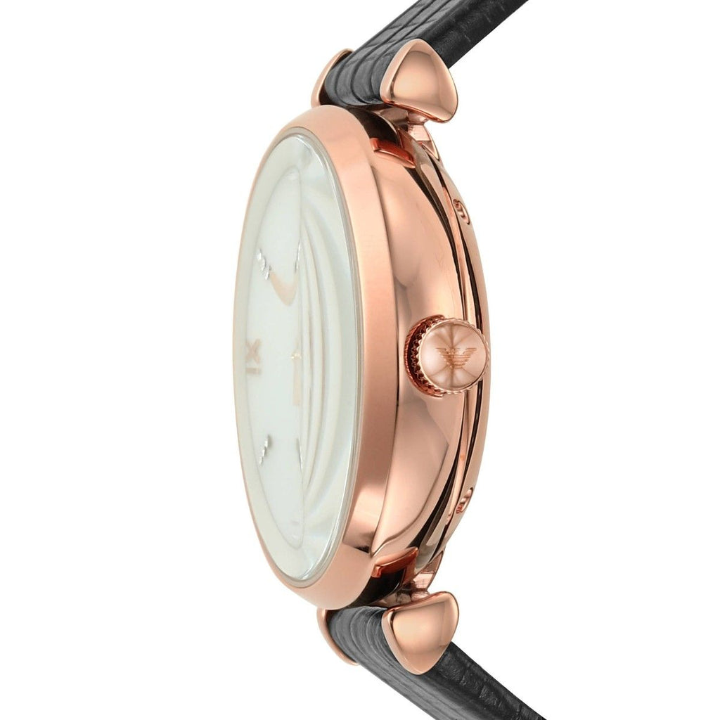 Emporio Armani Gianni T Bar Mother of Pearl White Dial Black Leather Strap Watch For Women - AR60047 Buy Now By Emporio Armani