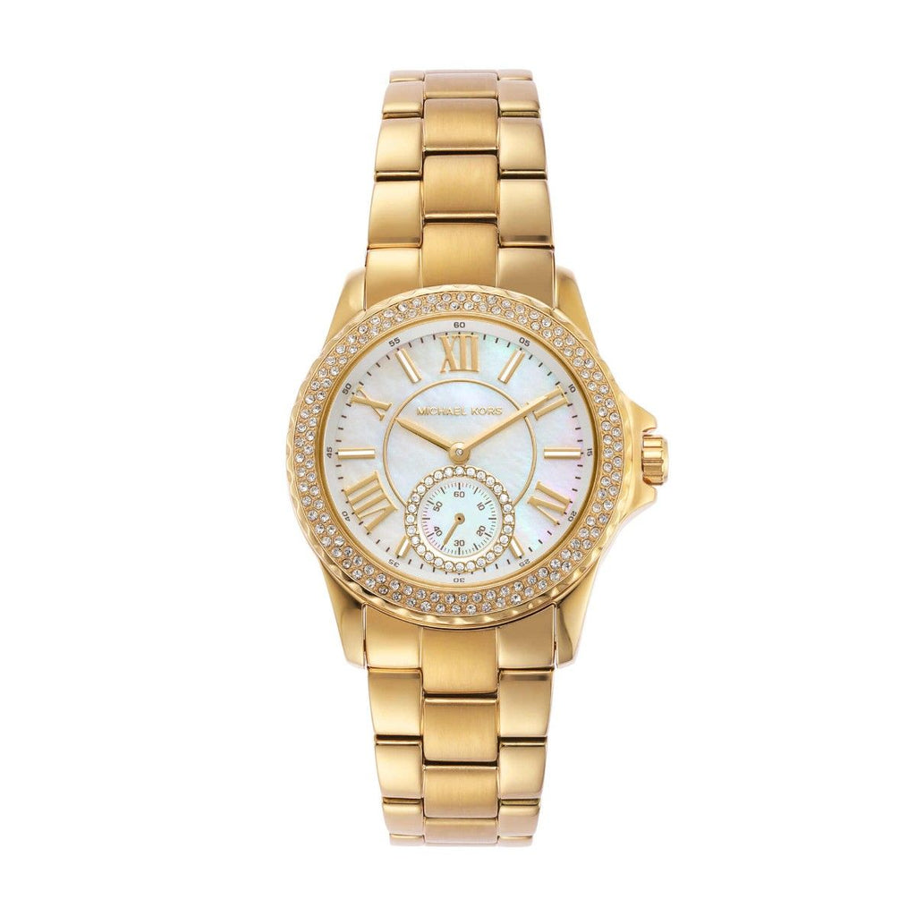 Michael Kors Everest Three-Hand Mother of Pearl White Dial Gold Steel Strap Watch For Women - MK7363 Buy Now By Michael Kors