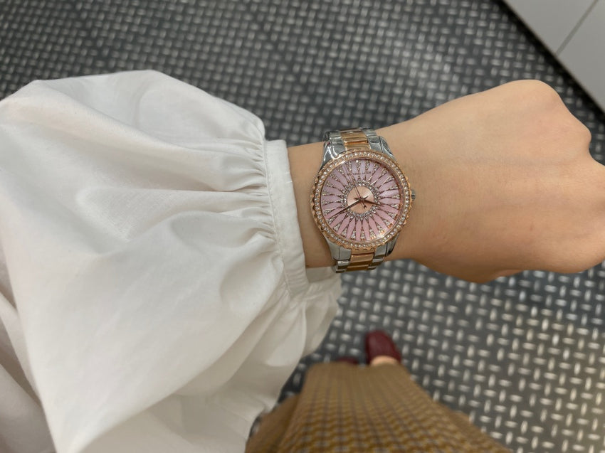 Michael Kors Layton Three Hand Pink Dial Two Tone Steel Strap Watch For Women - MK6894 Buy Now By Michael Kors