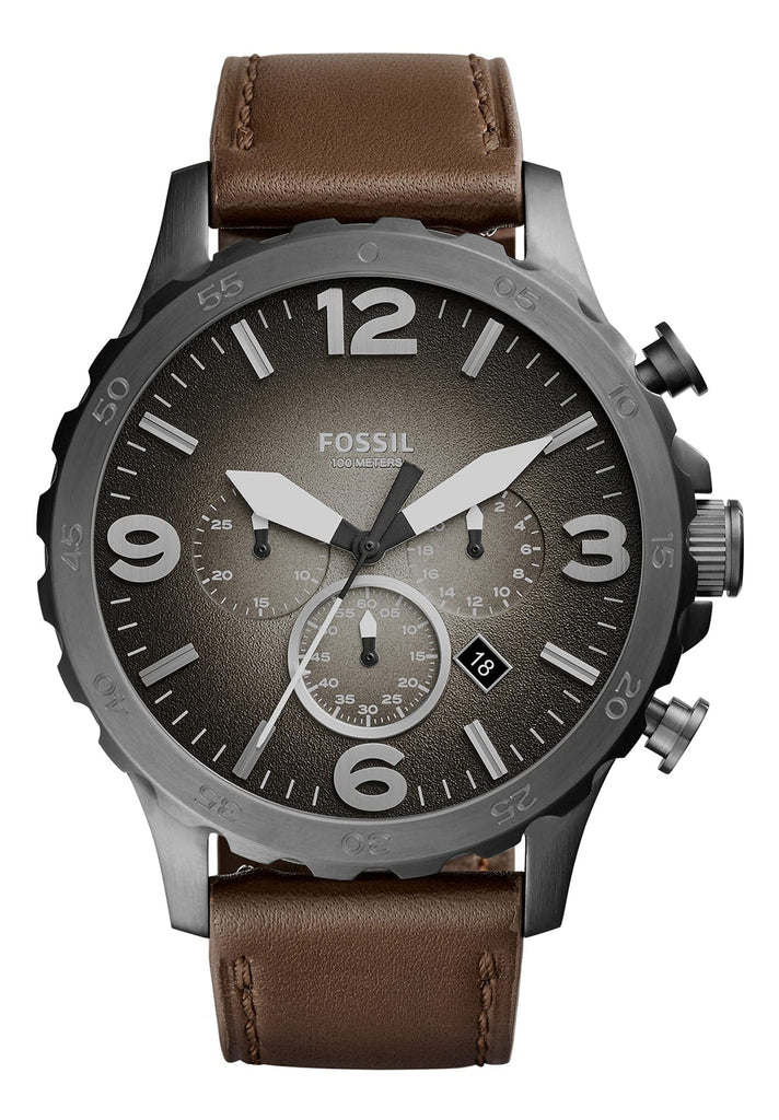 Fossil Nate Chronograph Grey Dial Brown Leather Strap Watch for Men - JR1424 Buy Now By Fossil