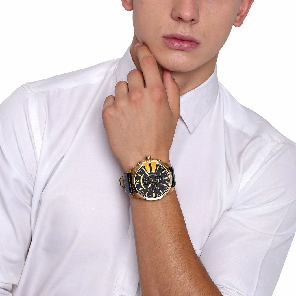 Diesel Mega Chief Chronograph Black Dial Black Leather Strap Watch For Men - DZ4344 Buy Now By Diesel