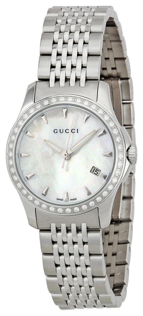 Gucci G Timeless Diamonds Mother of Pearl Dial Silver Steel Strap Watch For Women - YA126506 Buy Now By Gucci