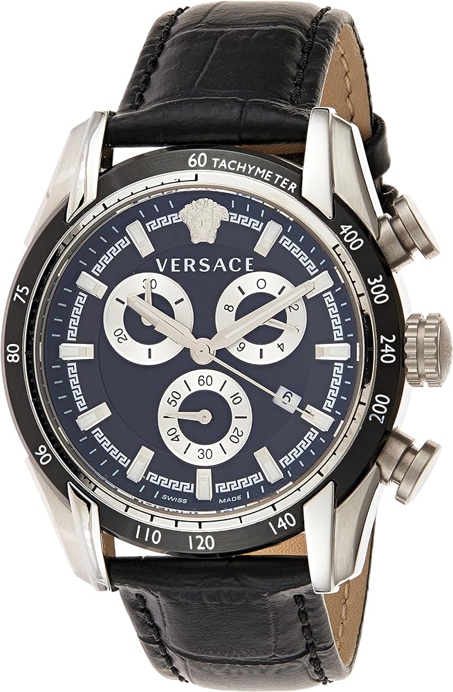 Versace V Ray Chronograph Quartz Black Dial Black Leather Strap Watch For Men - VE2I00121 Buy Now By Versace