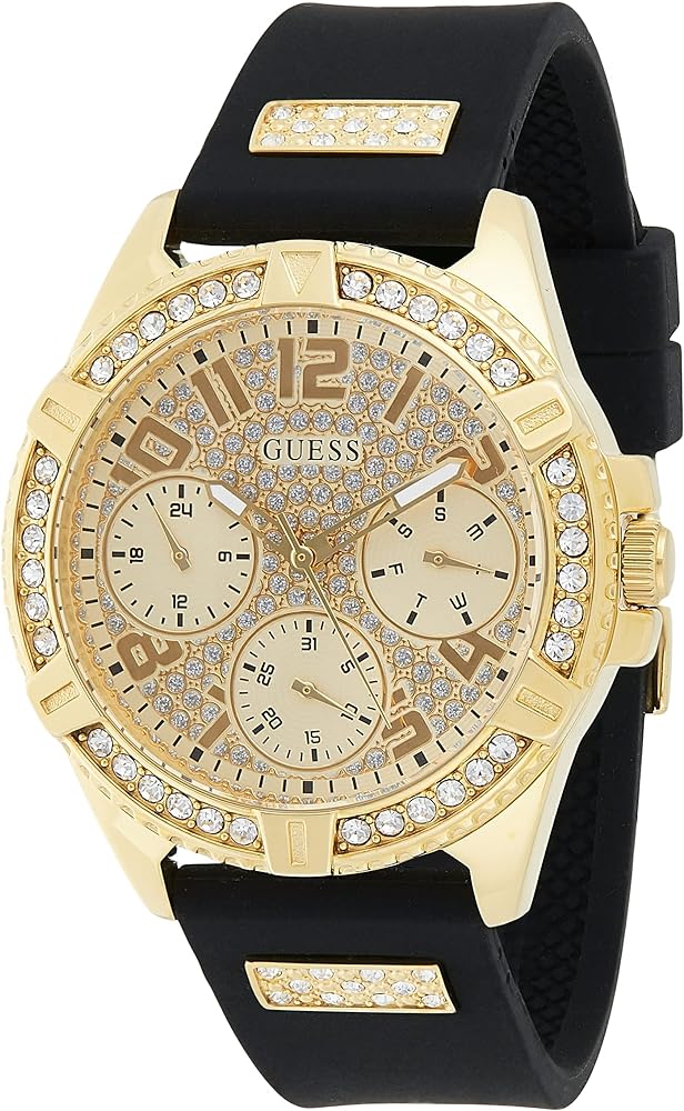 Guess Frontier Diamonds Gold Dial Black Rubber Strap Watch For Women - W1160L1 Buy Now By Guess