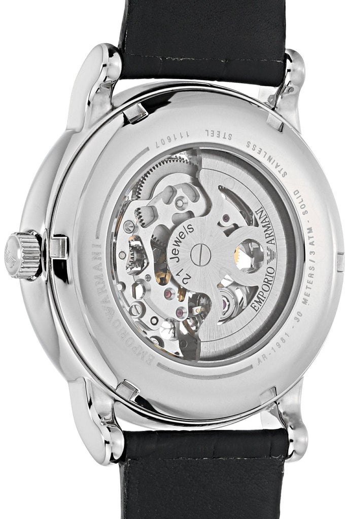 Emporio Armani Luigi Silver Skeleton Dial Black Leather Strap Watch For Men - AR1981 Buy Now By Emporio Armani