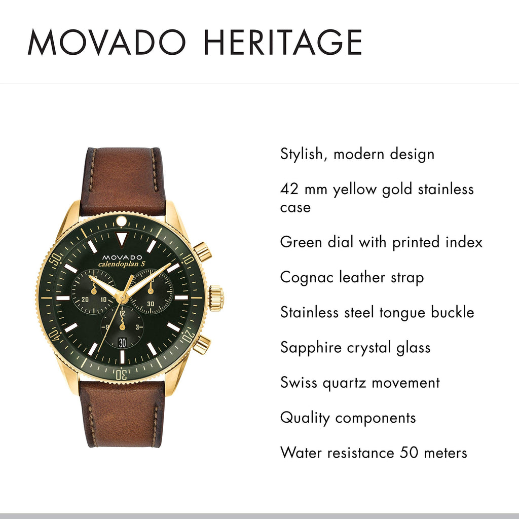 Movado Heritage Chronograph Green Dial Brown Leather Strap Watch For Men - 3650062 Buy Now By Movado