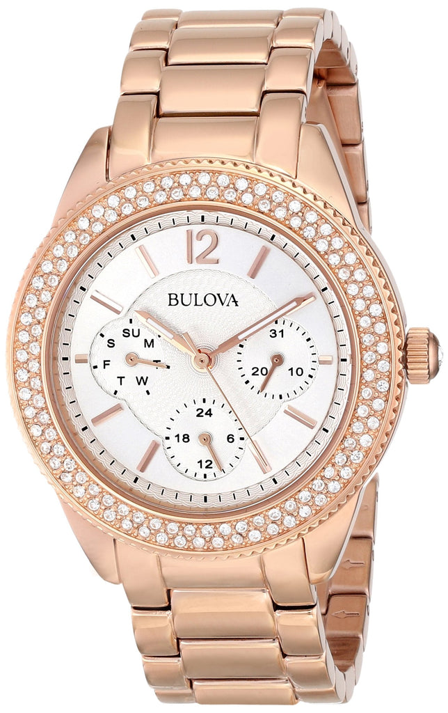 Bulova Crystal Silver Dial Rose Gold Steel Strap Watch for Women - 97N101 Buy Now By Bulova
