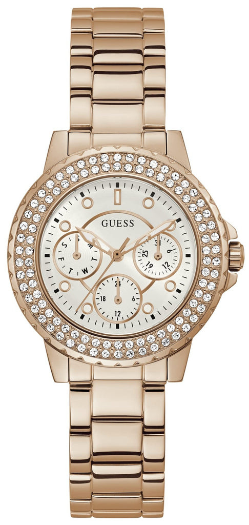 Guess Crown Jewel Multifunction Diamonds White Dial Rose Gold Steel Strap Watch For Women - GW0410L3 Buy Now By Guess