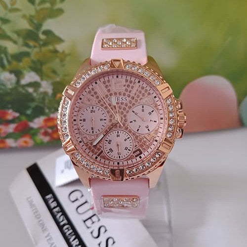 Guess Frontier Diamonds Rose Gold Dial Pink Rubber Strap Watch For Women - W1160L5