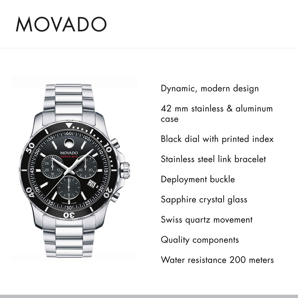 Movado Series 800 Chronograph Black Dial Silver Steel Strap Watch For Men - 2600142 Buy Now By Movado