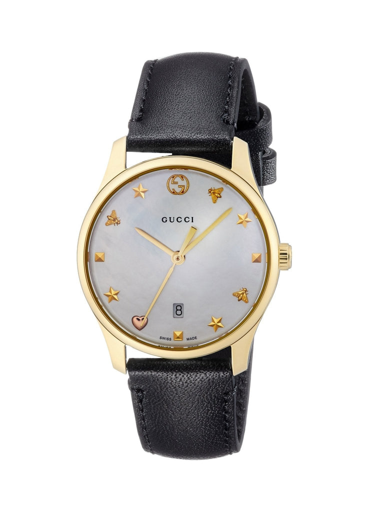 Gucci G-Timeless Mother of Pearl Dial Black Leather Strap Watch For Women - YA126589 Buy Now By Gucci