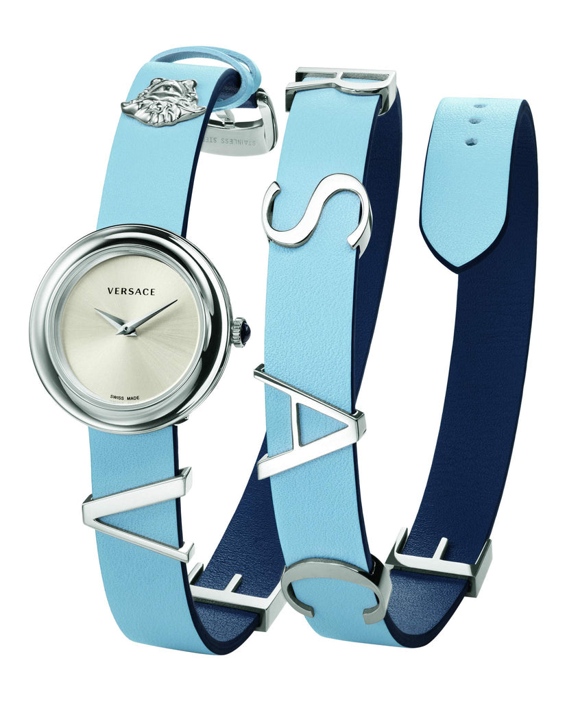 Versace V Flare Silver Dial Blue Leather Strap Watch for Women - VEBN00118 Buy Now By Versace