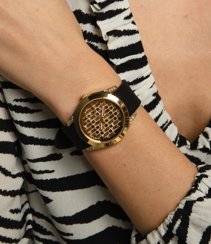 Guess Clarity Gold Dial Black Silicone Strap Watch for Women - GW0109L1 Buy Now By Guess