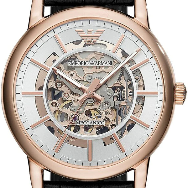 Emporio Armani Luigi Skeleton Silver Dial Black Leather Strap Watch For Men - AR60007 Buy Now By Emporio Armani