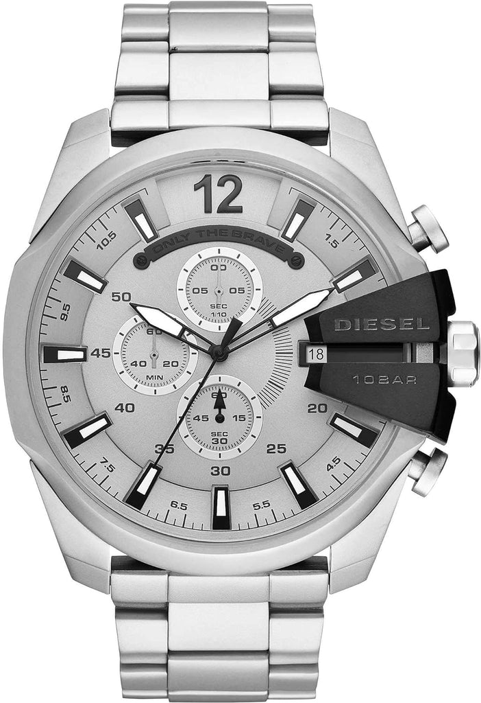 Diesel Mega Chief Chronograph Silver Dial Silver Steel Strap Watch For Men - DZ4501 Buy Now By Diesel