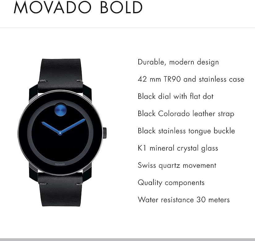 Movado Bold TR90 Black Dial Black Leather Strap Watch For Men - 3600307 Buy Now By Movado