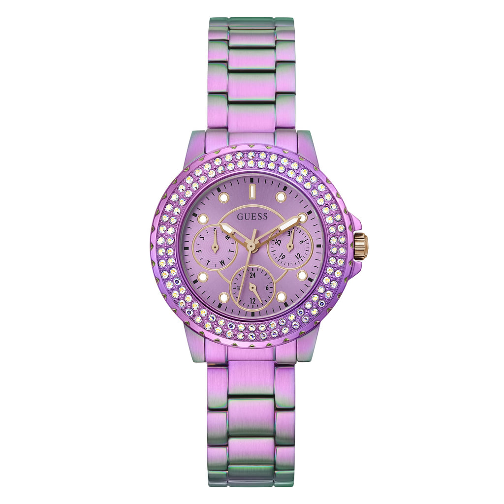 Guess Crown Jewel Diamonds Purple Dial Purple Steel Strap Watch for Women - GW0410L4 Buy Now By Guess
