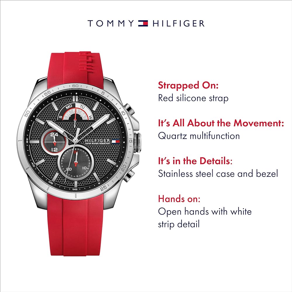 Tommy Hilfiger Decker Quartz Black Dial Red Rubber Strap Watch for Men - 1791351 Buy Now By Tommy Hilfiger