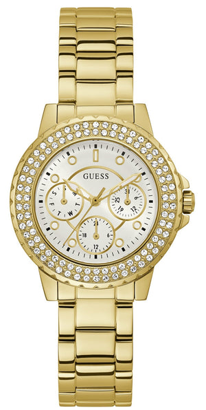Guess Crown Jewel Diamonds White Dial Gold Steel Strap Watch for Women - GW0410L2 Buy Now By Guess