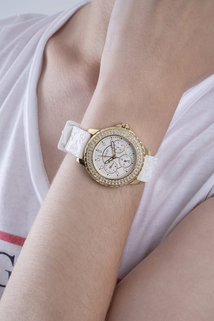 Guess Crown Jewel Multifunction Diamonds White Dial White Leather Strap Watch for Women - GW0411L1 Buy Now By Guess