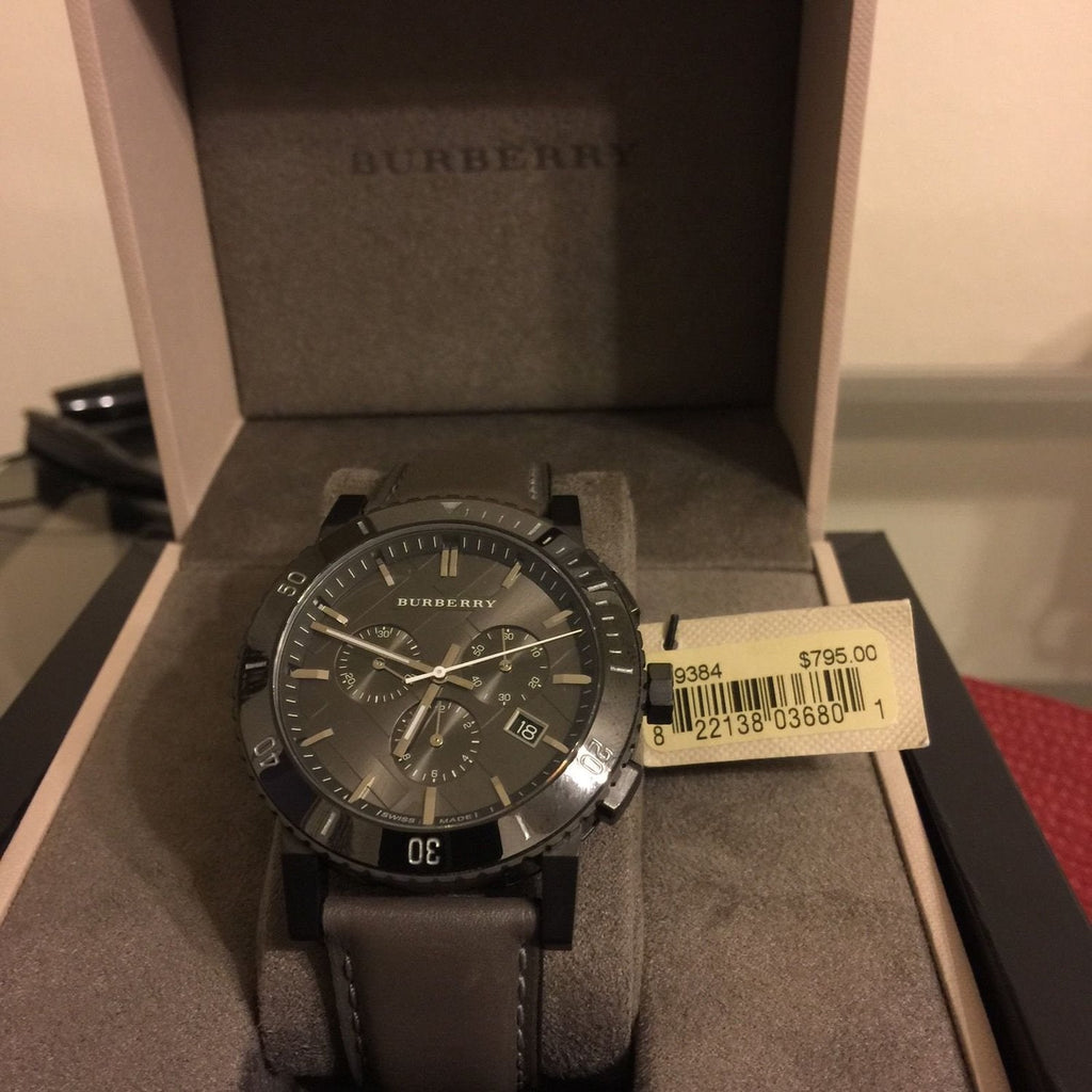 Burberry The City Chronograph Ion Plated Grey Dial Grey Leather Strap Watch for Men - BU9384 Buy Now By Burberry