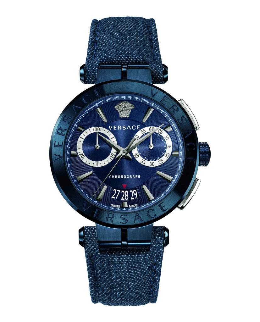 Versace Aion Chronograph Blue Dial Blue Leather Strap Watch for Men - VBR070017 Buy Now By Versace