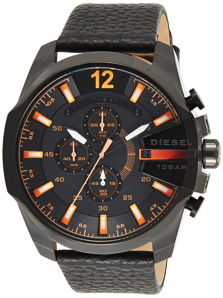 Diesel Mega Chief Chronograph Black Dial Black Leather Strap Watch For Men - DZ4291 Buy Now By Diesel