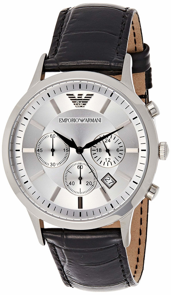 Emporio Armani Classic Chronograph Silver Dial Black Leather Strap Watch For Men - AR2432 Buy Now By Emporio Armani