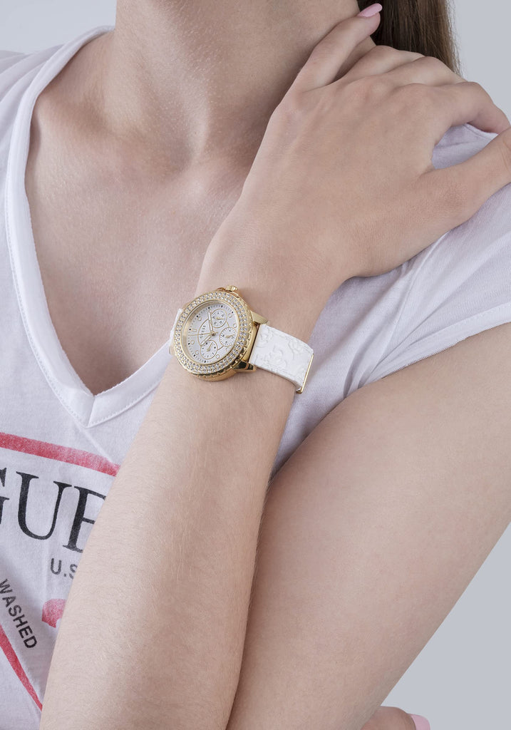 Guess Crown Jewel Multifunction Diamonds White Dial White Leather Strap Watch for Women - GW0411L1 Buy Now By Guess