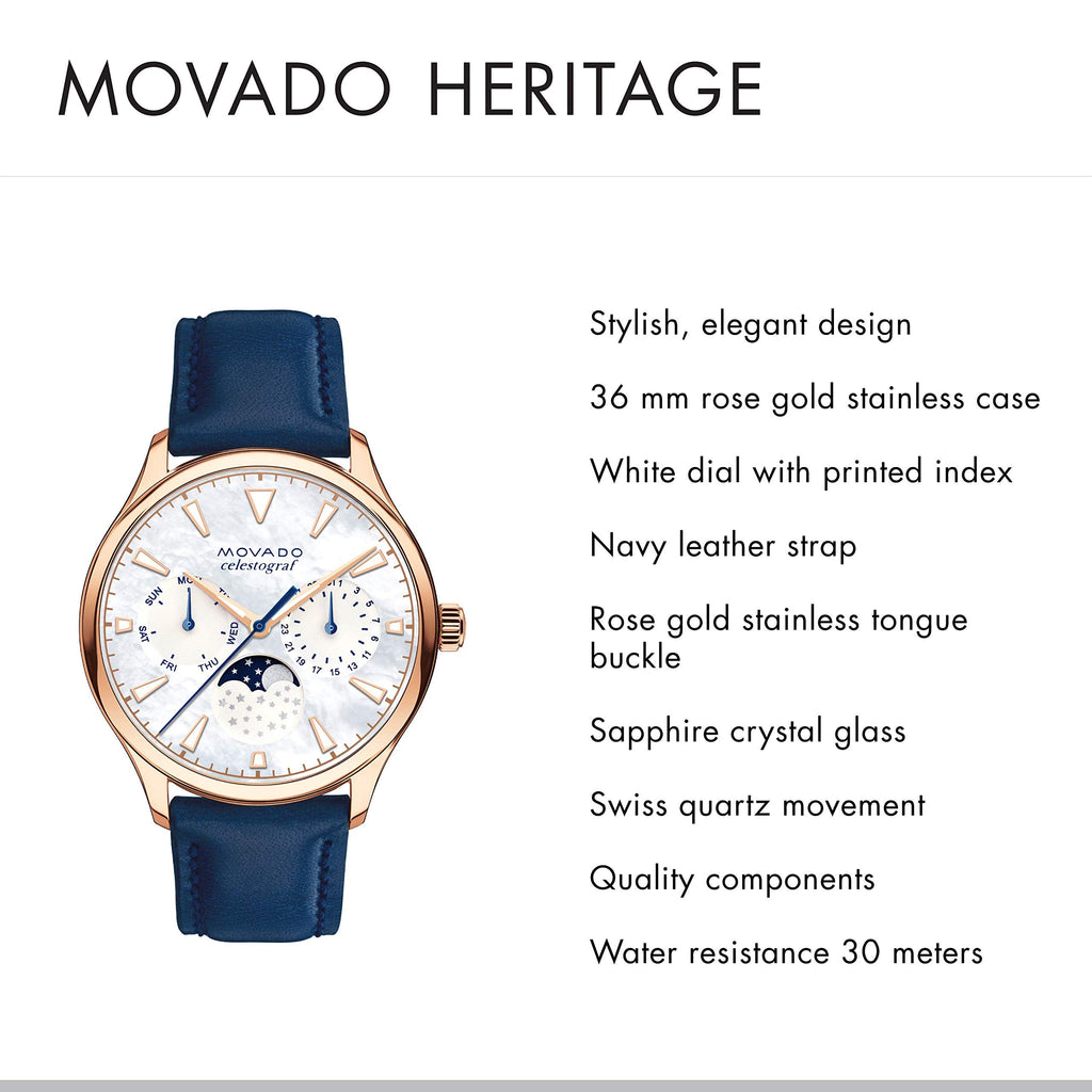 Movado Heritage Celestograf White Mother of Pearl Dial Blue Leather Strap Watch For Women - 3650011 Buy Now By Movado
