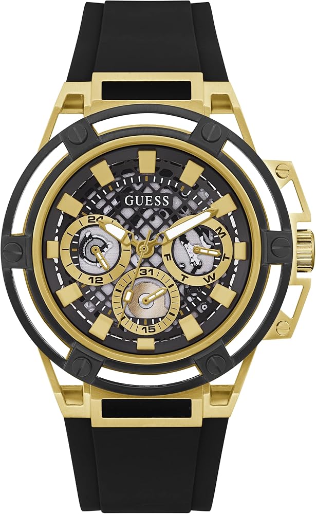 Guess Matrix Multifunction Gold Dial Black Rubber Strap Watch For Men - GW0423G2 Buy Now By Guess