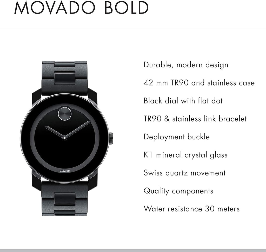 Movado Bold Black Dial Black Steel Strap Watch For Men - 3600047 Buy Now By Movado