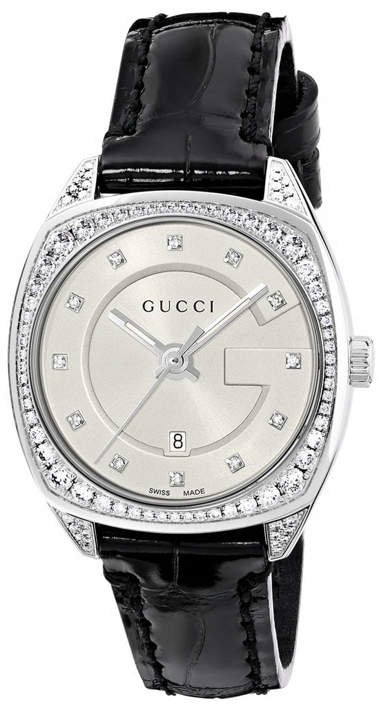 Gucci GG2570 Diamonds Silver Dial Black Leather Strap Watch For Women - YA142507 Buy Now By Gucci
