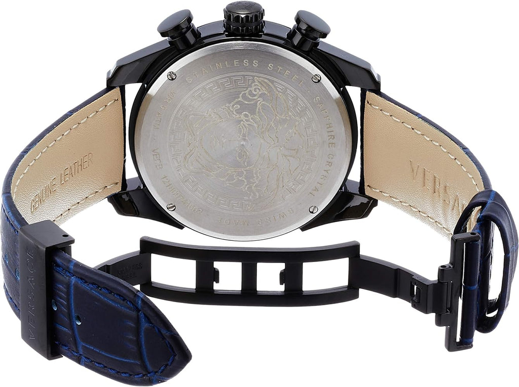 Versace V-Ray Chronograph Quartz Blue Dial Black Leather Strap Watch For Men - VEDB00418 Buy Now By Versace