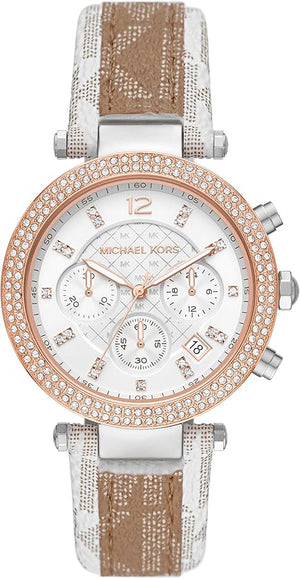 Michael Kors Parker Chronograph White Dial Two Tone Leather Strap Watch For Women - MK6950 Buy Now By Michael Kors
