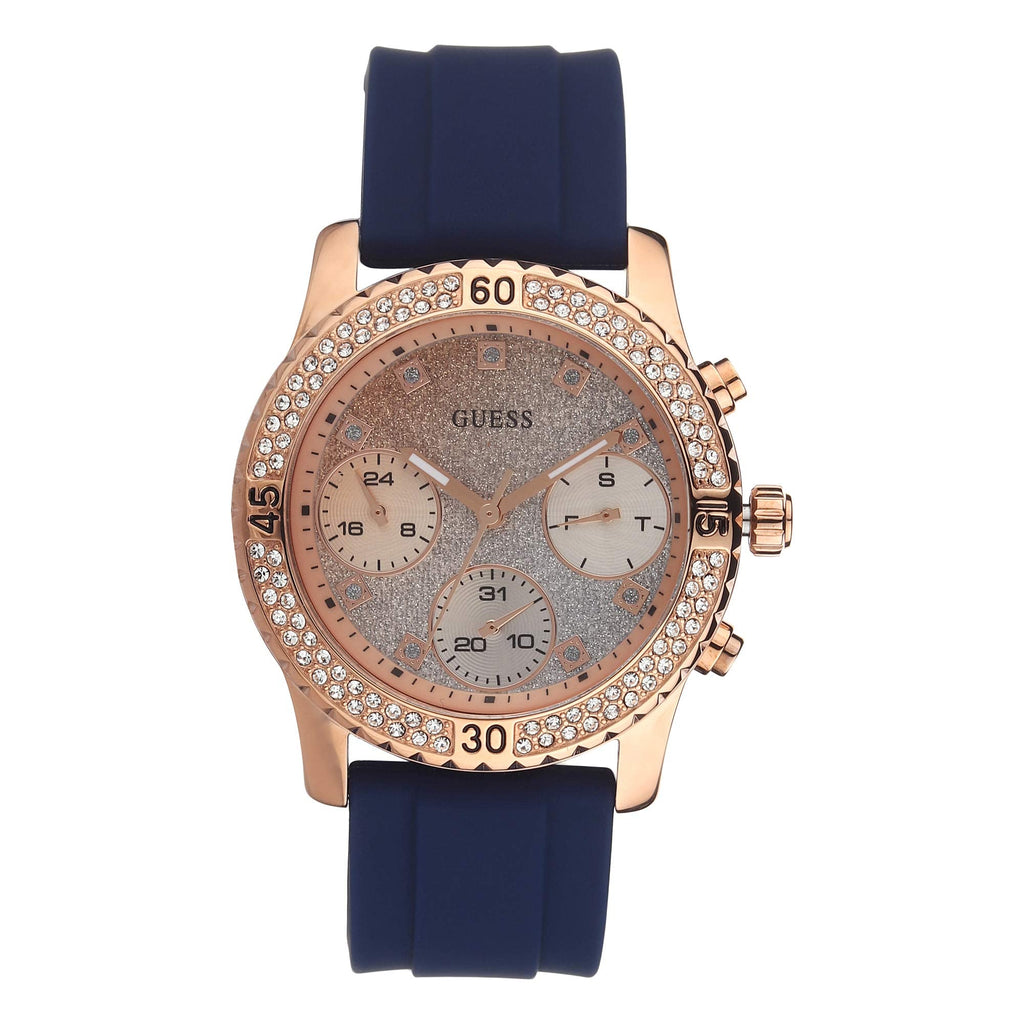 Guess Confetti Diamonds Gold Dial Blue Rubber Strap Watch For Women - W1098L6 Buy Now By Guess