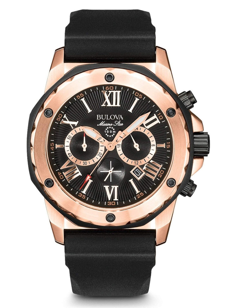 Bulova Marine Star Chronograph Black Dial Black Rubber Strap Watch for Men - 98B104 Buy Now By Bulova