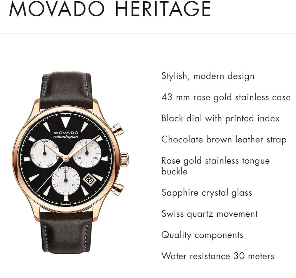 Movado Heritage Calendoplan Chronograph Black Dial Brown Leather Strap Watch for Men - 3650021 Buy Now By Movado