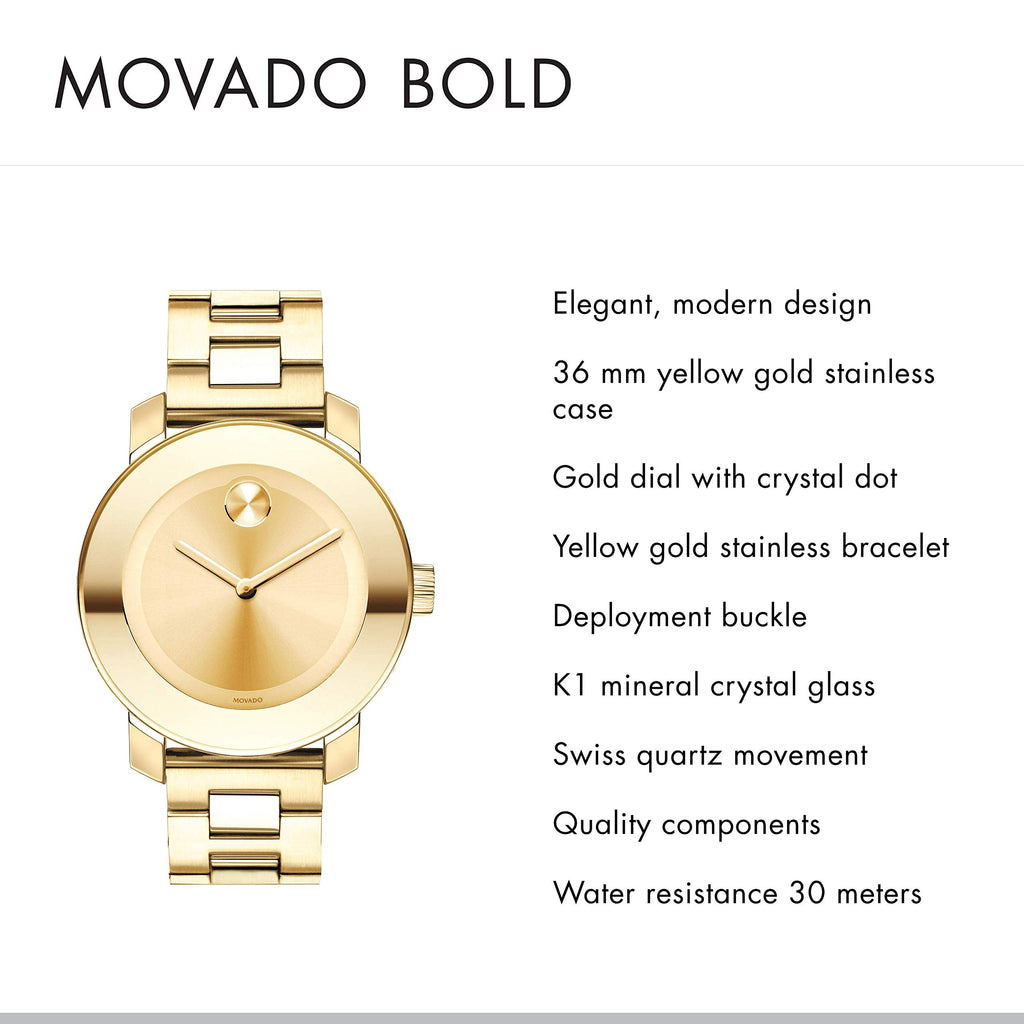 Movado Bold Yellow Gold Dial Yellow Gold Steel Strap Watch For Women - 3600085