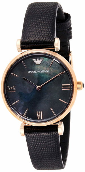 Emporio Armani Gianni T Bar Black Mother of Pearl Dial Black Leather Strap Watch For Women - AR11060 Buy Now By Emporio Armani